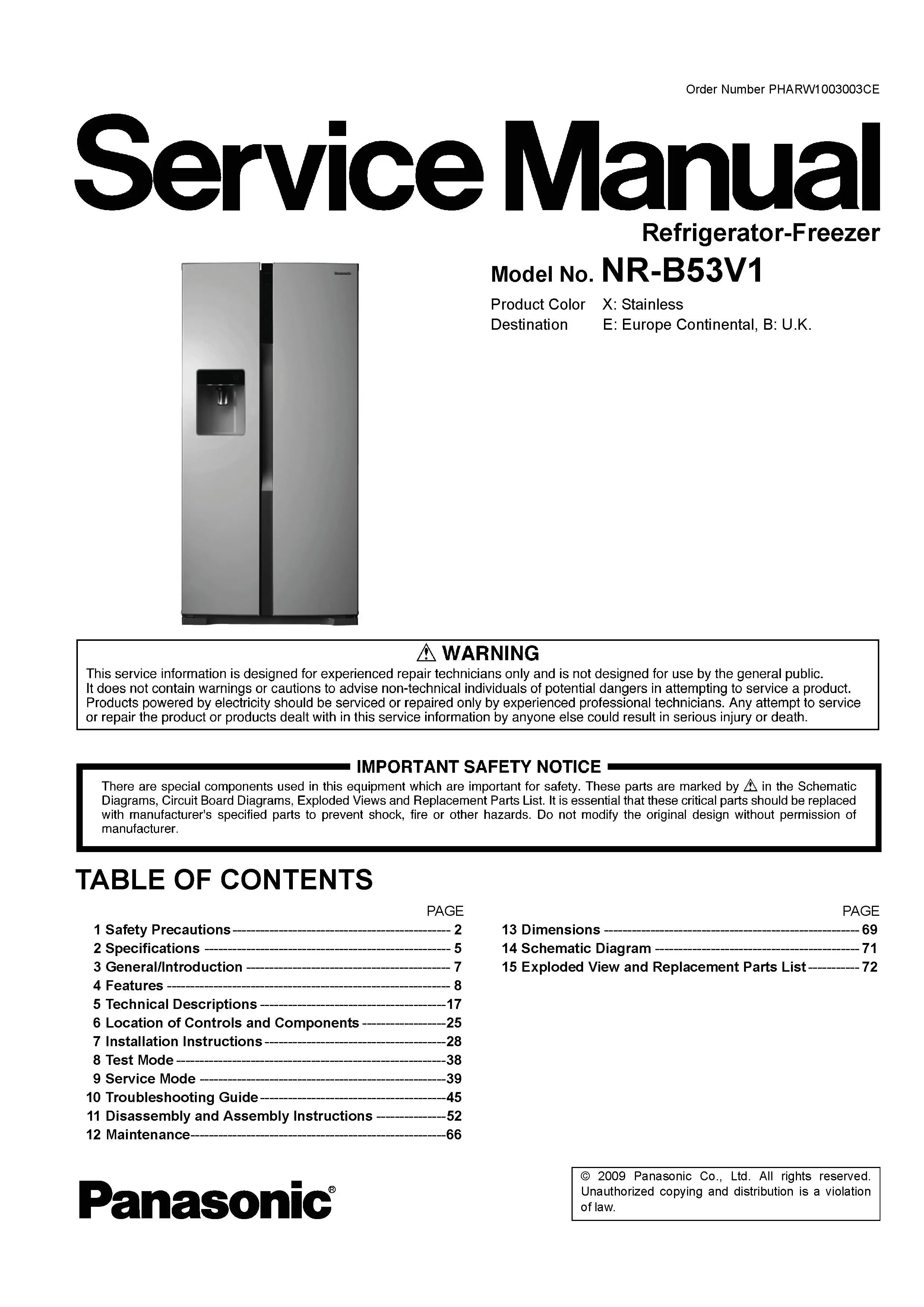 Panasonic nr b53v1 service manual cover with LG logo, service website path, washer model codes and service caution notice