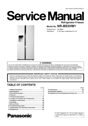 Panasonic nr b53vw1 service manual cover with LG logo, service website path, washer model codes and service caution notice
