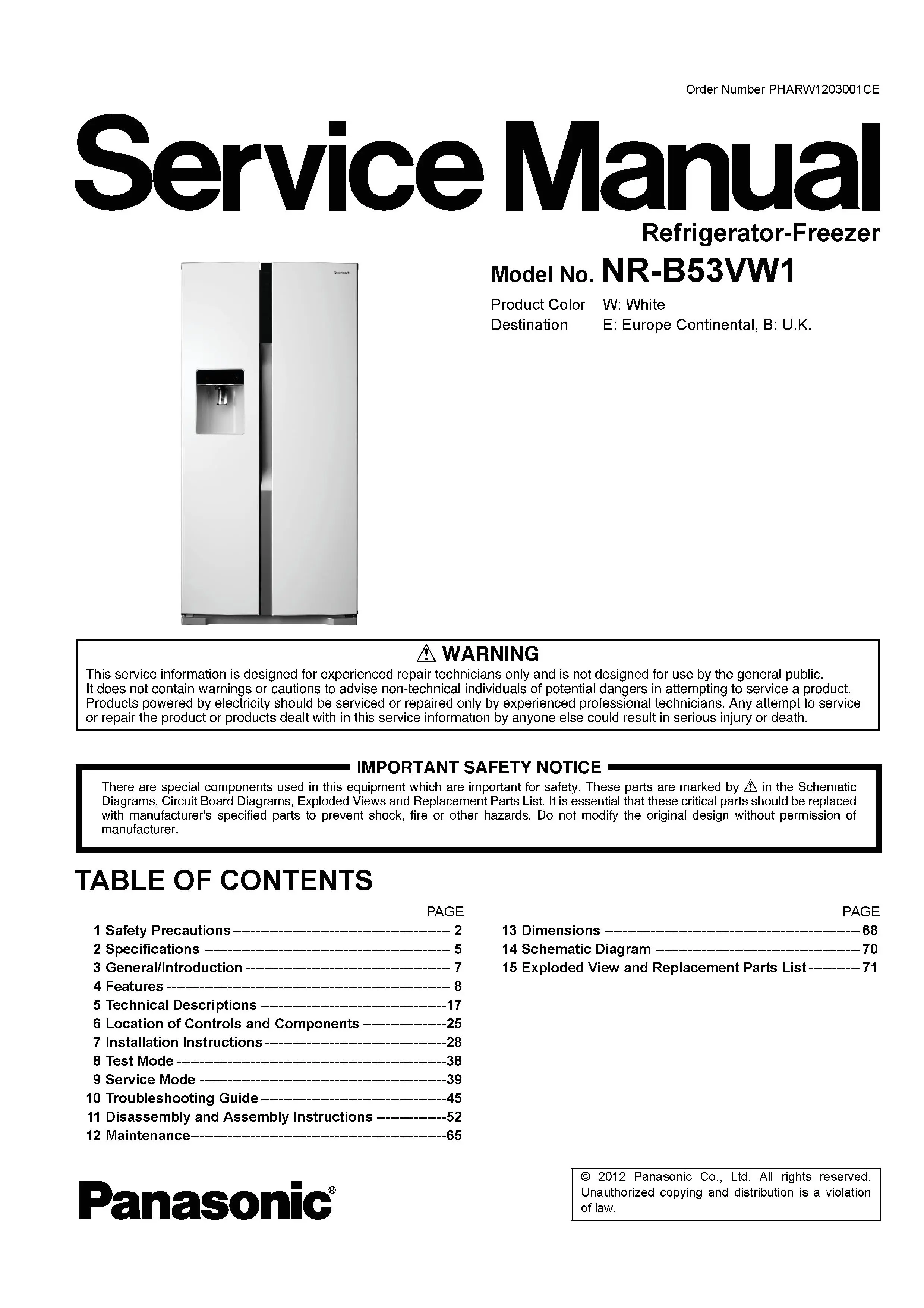 Panasonic nr b53vw1 service manual cover with LG logo, service website path, washer model codes and service caution notice