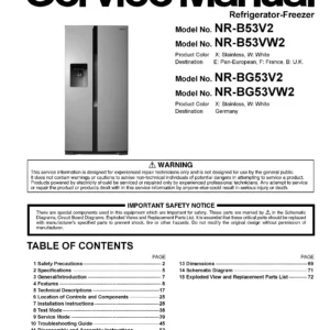 Panasonic nr b53vw2 service manual cover with LG logo, service website path, washer model codes and service caution notice