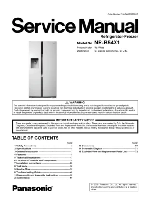 Panasonic nr b54x1 service manual cover with LG logo, service website path, washer model codes and service caution notice