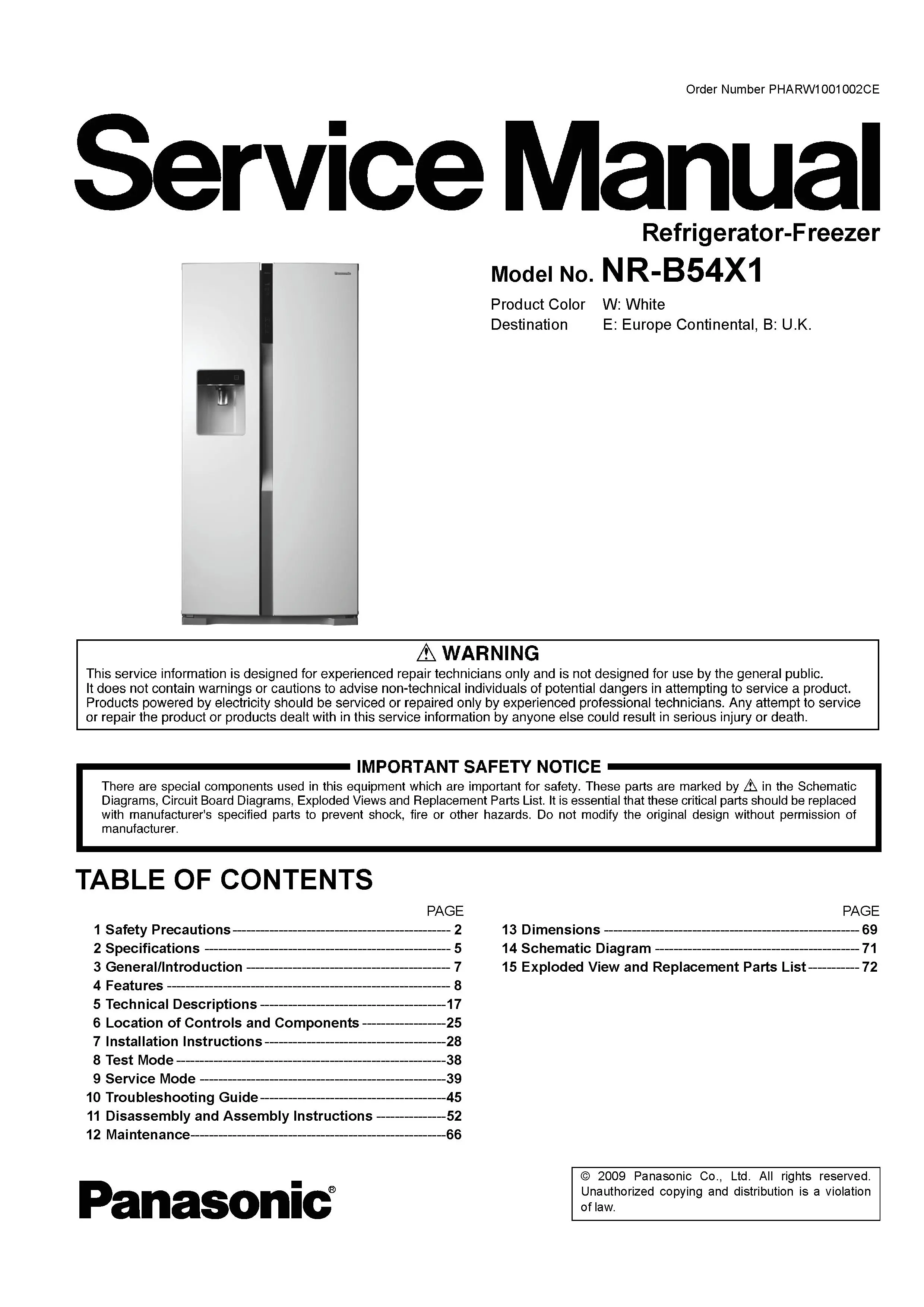 Panasonic nr b54x1 service manual cover with LG logo, service website path, washer model codes and service caution notice