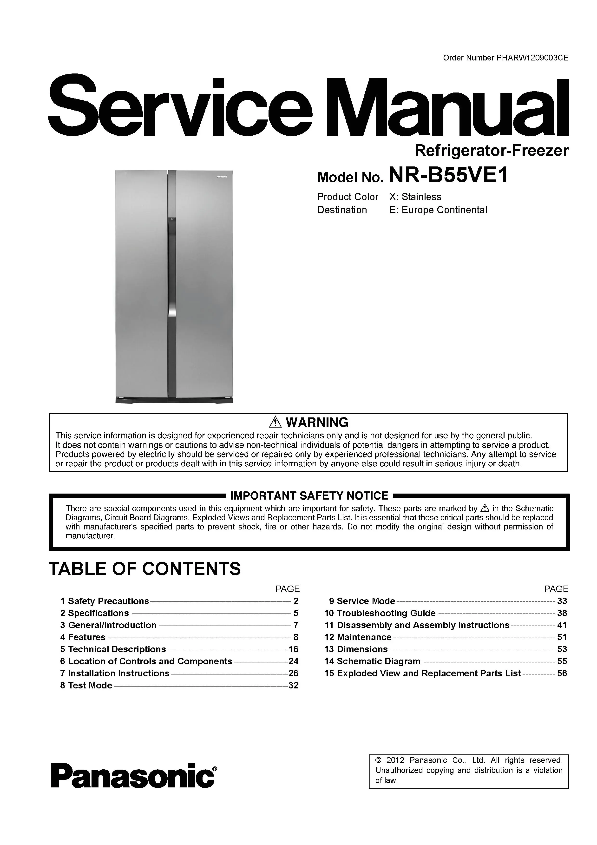 Panasonic nr b55ve1 service manual cover with LG logo, service website path, washer model codes and service caution notice