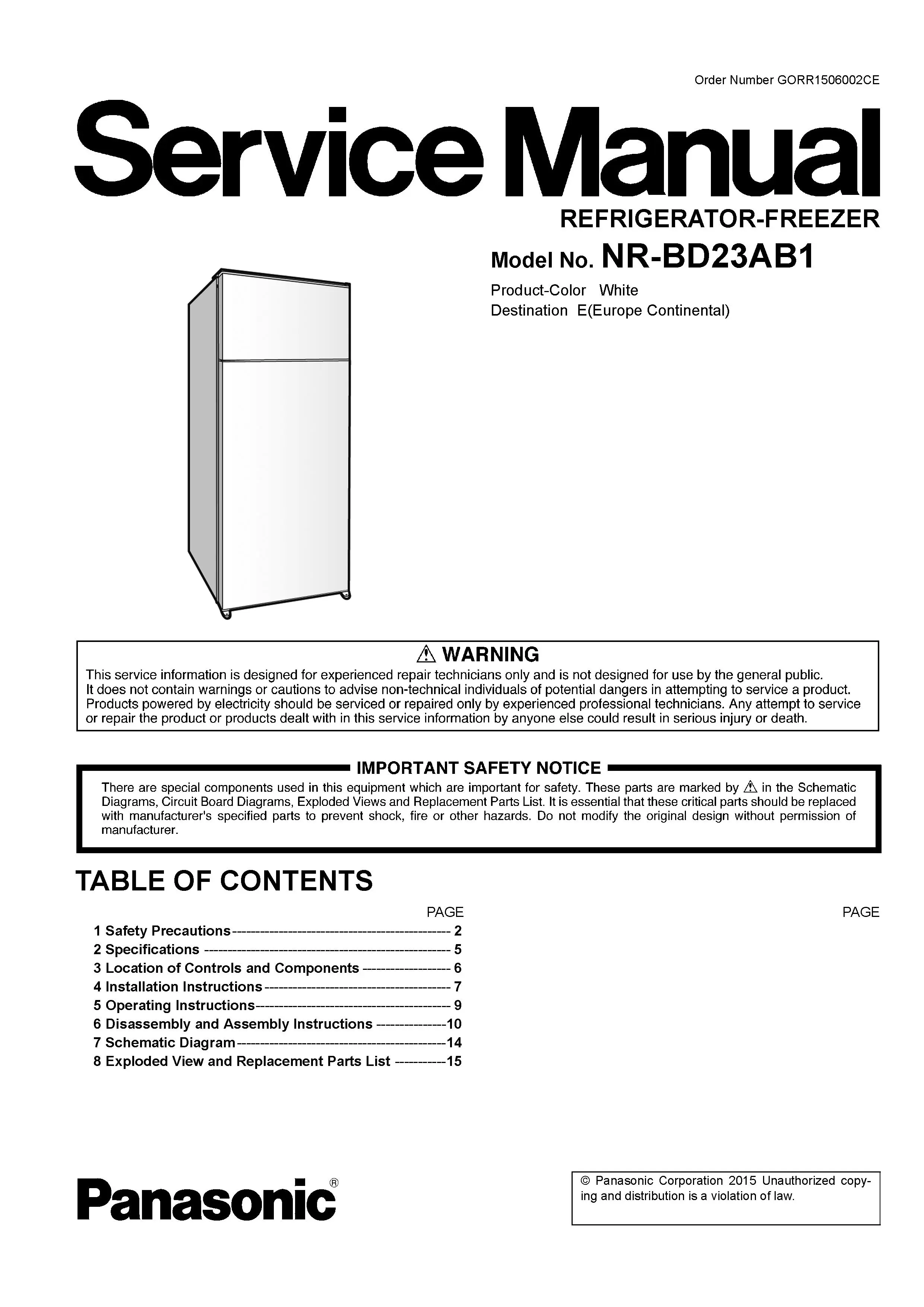 Panasonic nr bd23ab1 service manual cover with LG logo, service website path, washer model codes and service caution notice