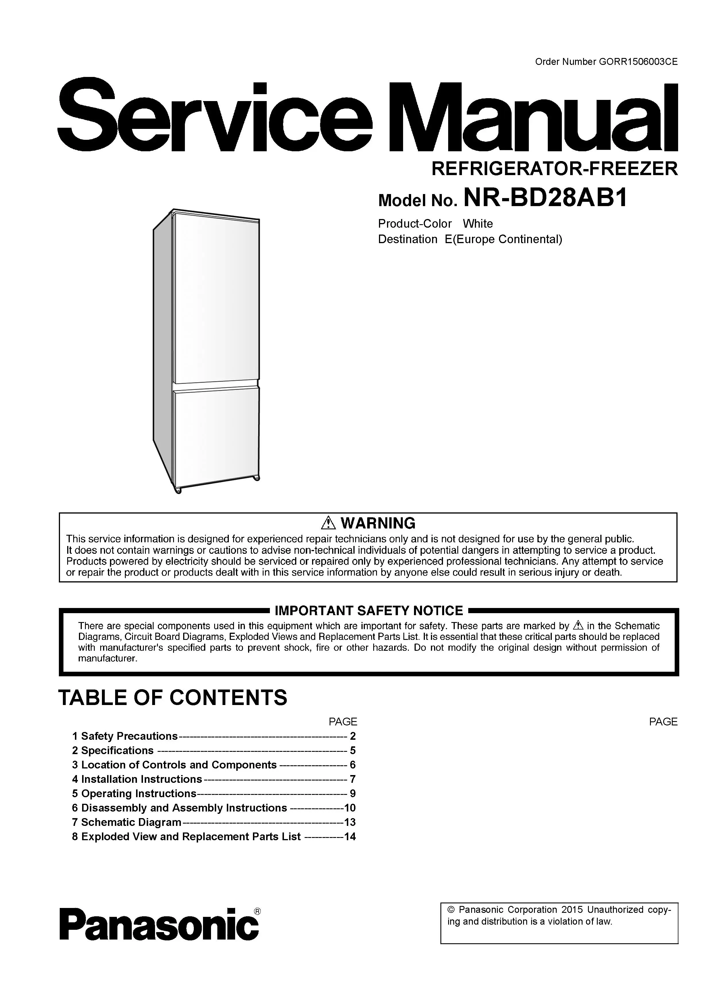 Panasonic nr bd28ab1 service manual cover with LG logo, service website path, washer model codes and service caution notice