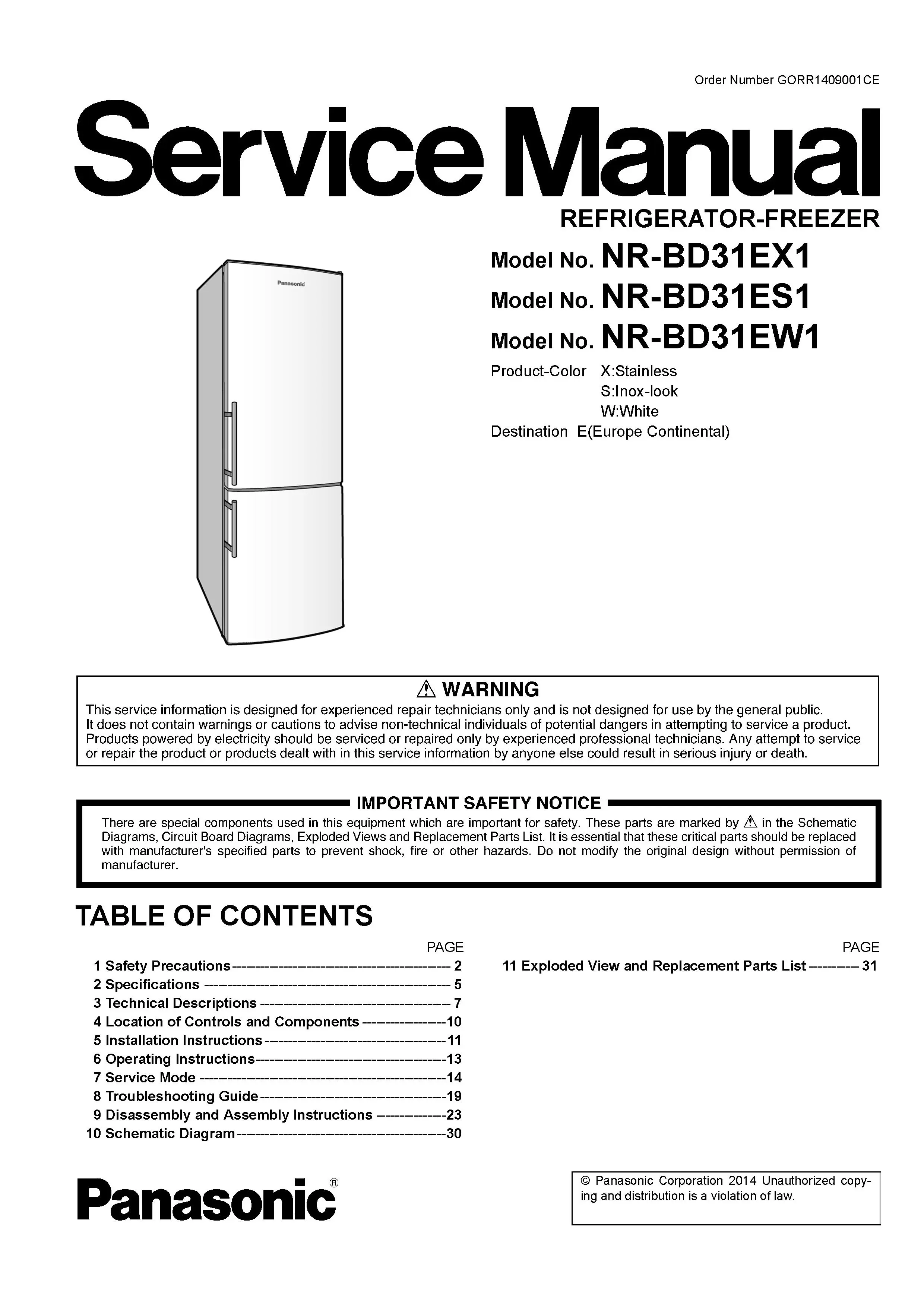 Panasonic nr bd31ew1 service manual cover with LG logo, service website path, washer model codes and service caution notice