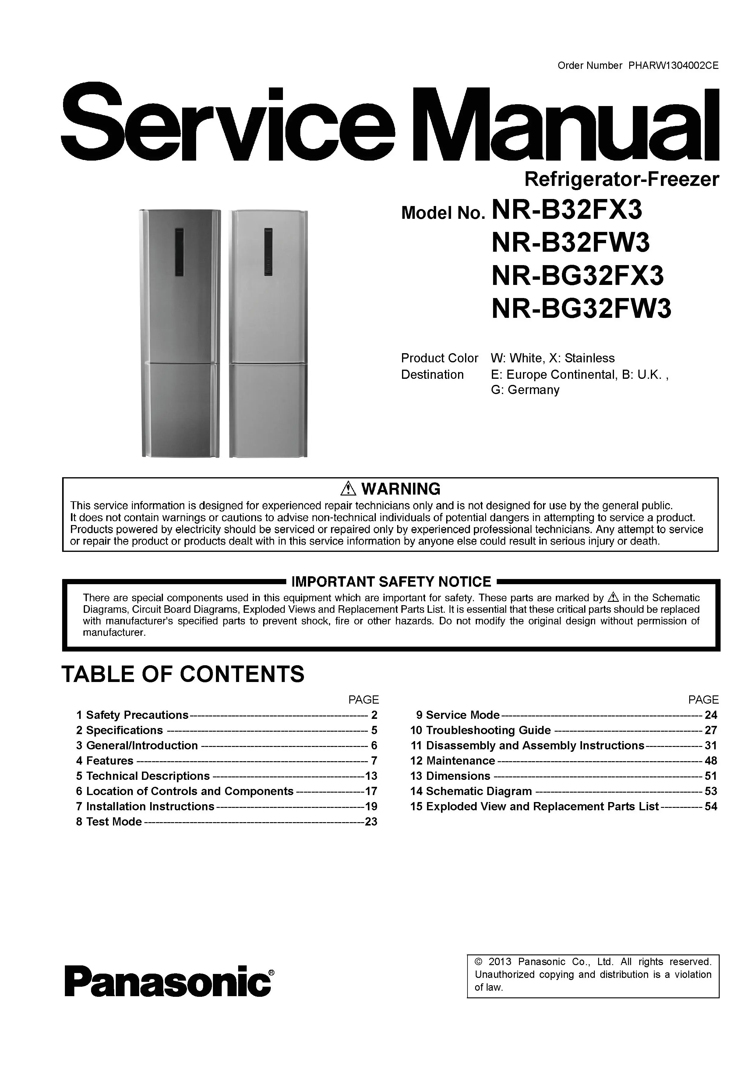 Panasonic nr bg32fw3 service manual cover with LG logo, service website path, washer model codes and service caution notice