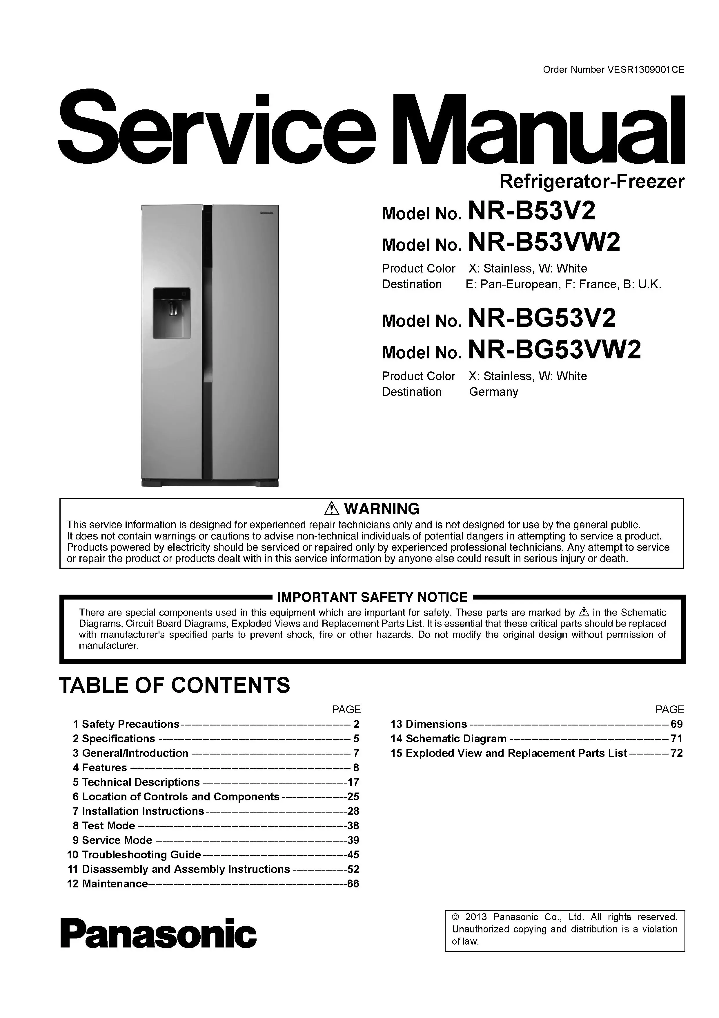 Panasonic nr bg53v2 service manual cover with LG logo, service website path, washer model codes and service caution notice