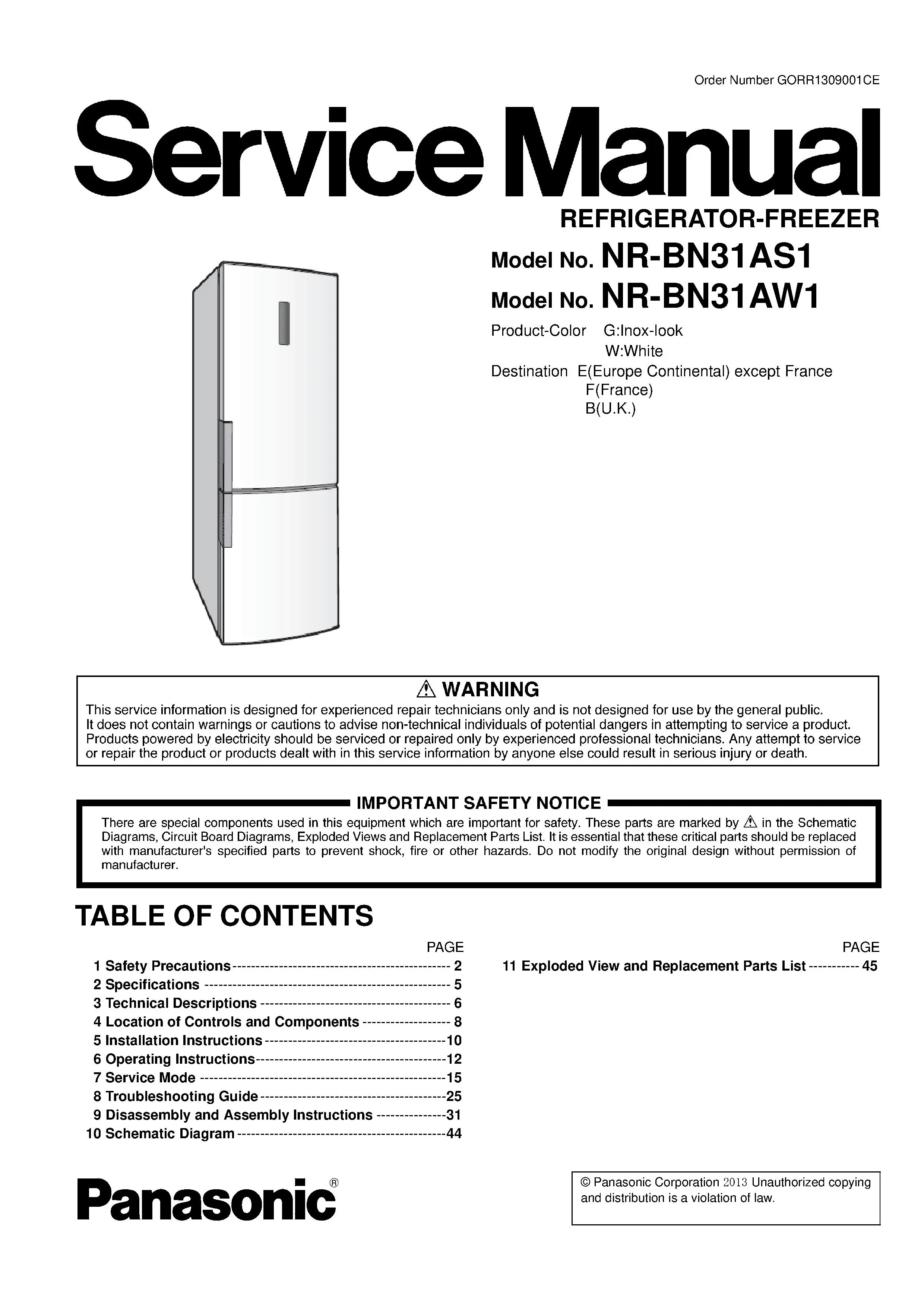 Panasonic nr bn31as1 bn31aw1 service manual cover with LG logo, service website path, washer model codes and service caution notice