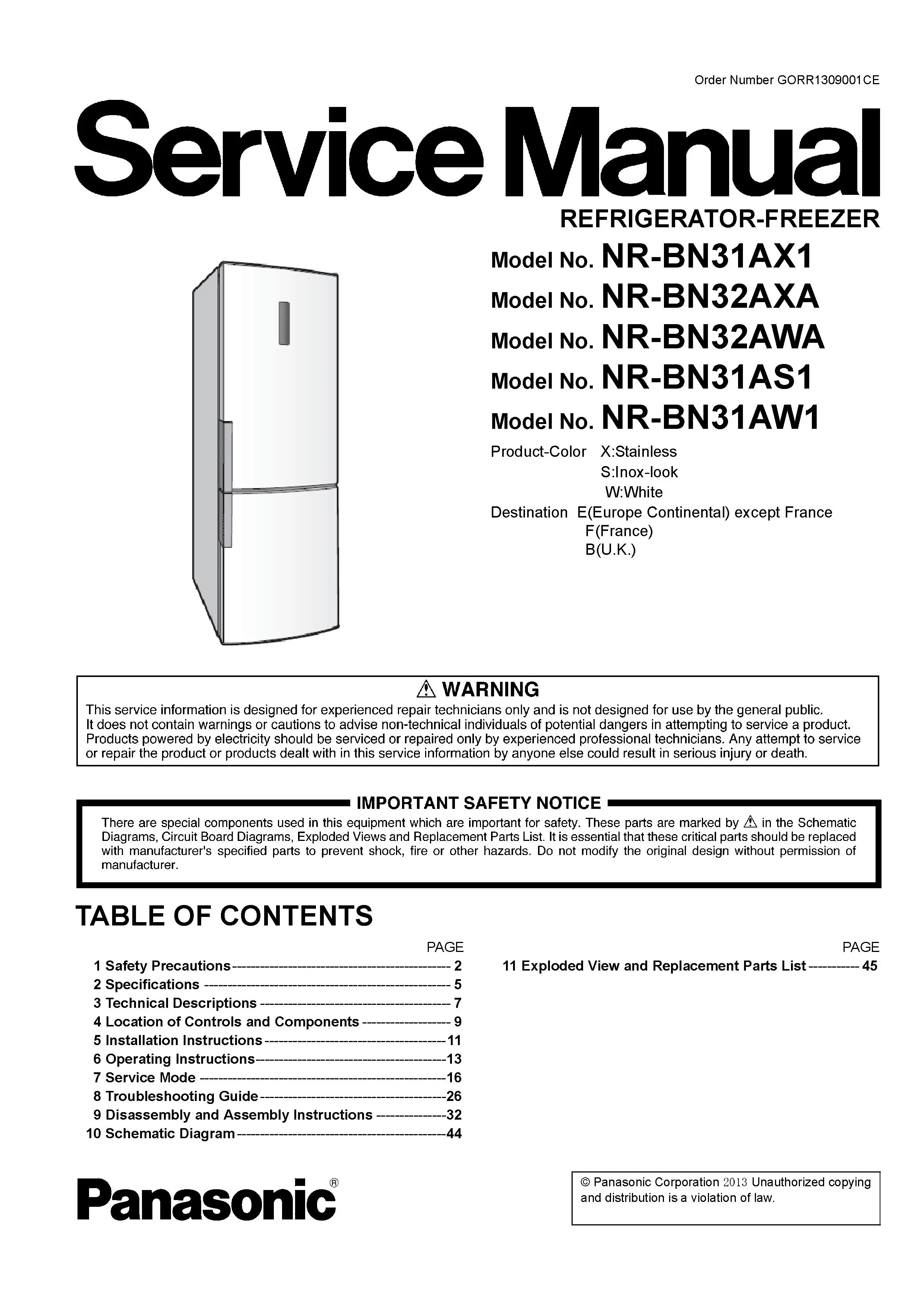 Panasonic nr bn31ax1 service manual cover with LG logo, service website path, washer model codes and service caution notice