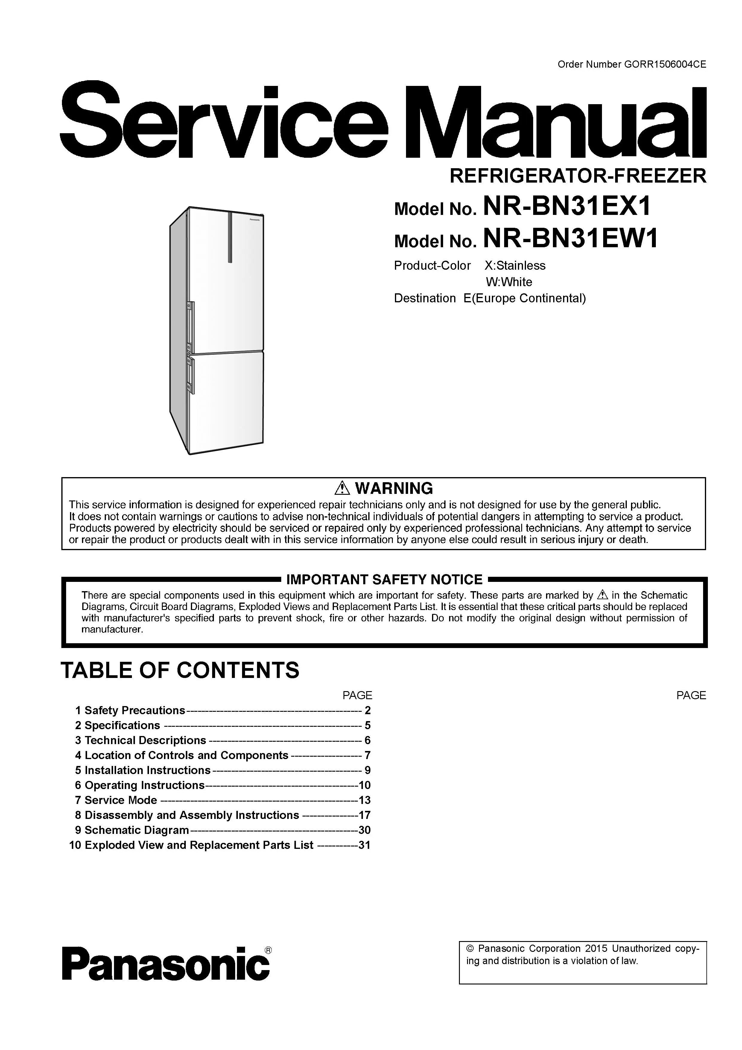 Panasonic nr bn31ew1 service manual cover with LG logo, service website path, washer model codes and service caution notice