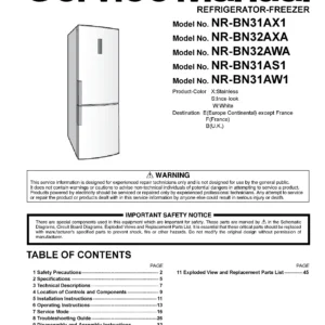 Panasonic nr bn32axa service manual cover with LG logo, service website path, washer model codes and service caution notice
