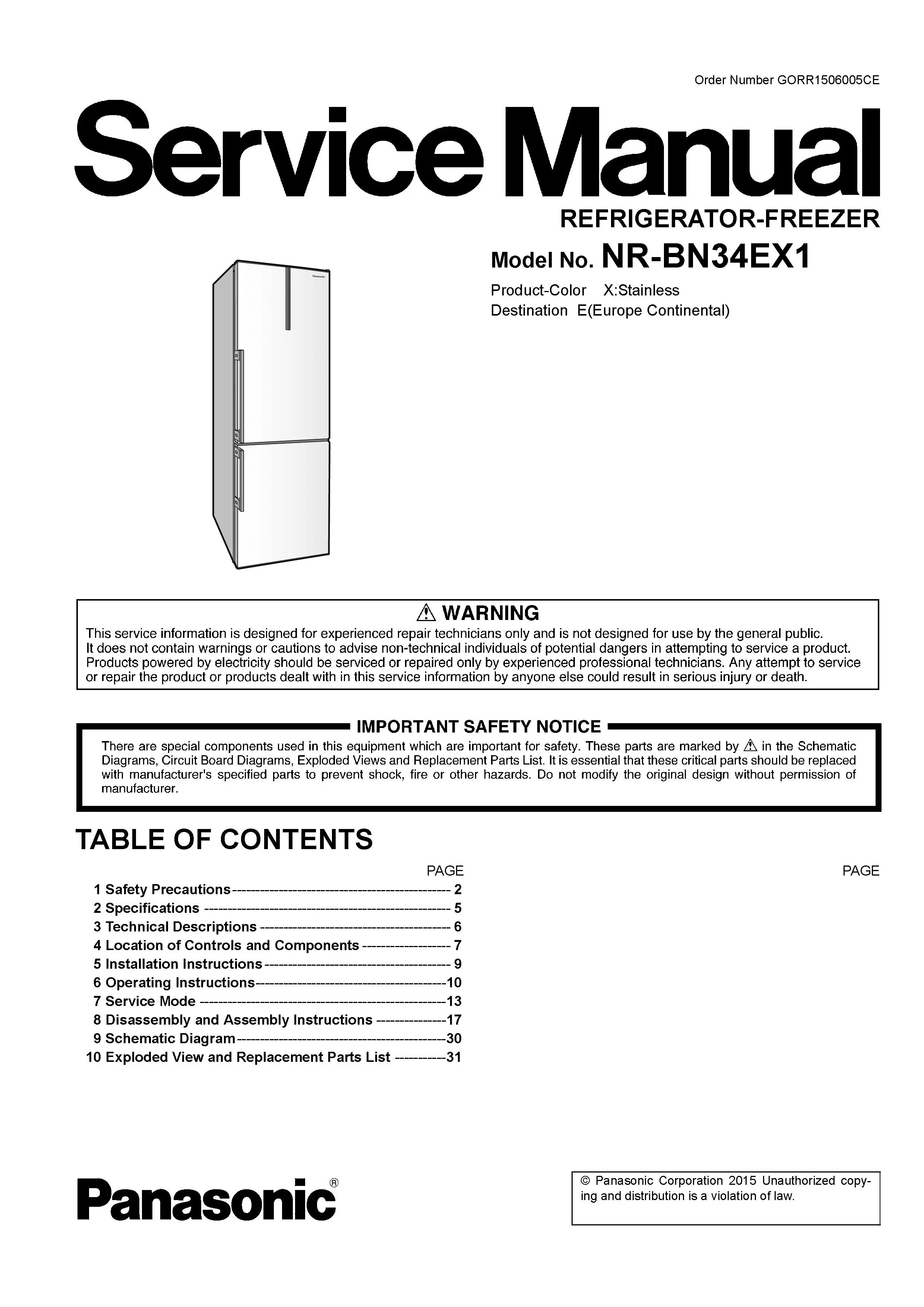 Panasonic nr bn34ex1 service manual cover with LG logo, service website path, washer model codes and service caution notice