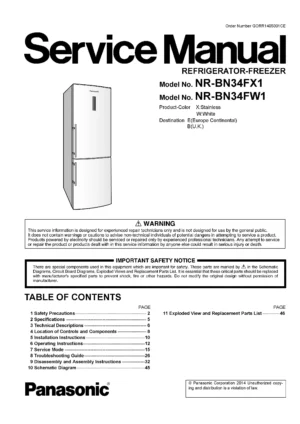 Panasonic nr bn34fx1 bn34fw1 service manual cover with LG logo, service website path, washer model codes and service caution notice