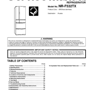 Panasonic nr f532tx service manual cover with LG logo, service website path, washer model codes and service caution notice