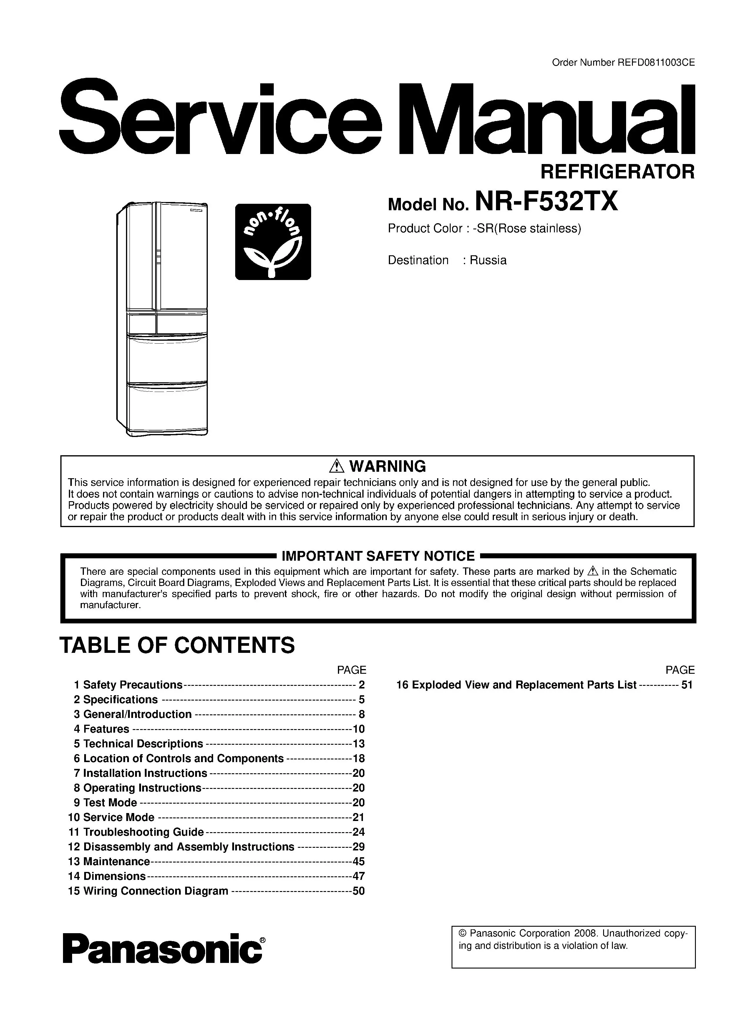 Panasonic nr f532tx service manual cover with LG logo, service website path, washer model codes and service caution notice