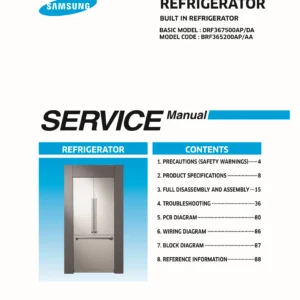 Samsung brf365200ap service manual cover with model code and showing a line drawing of the refrigerator