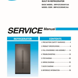 Samsung brf425200ap service manual cover with model code and showing a line drawing of the refrigerator