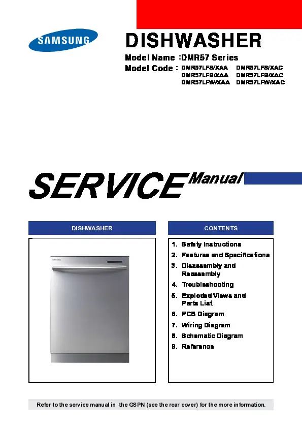 Samsung dmr57lfs service manual cover dishwasher service manual with model codes and service caution notice