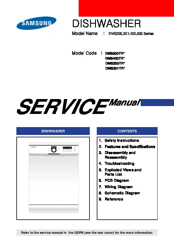 Samsung dms500trw dms400trw service manual cover dishwasher service manual with model codes and service caution notice