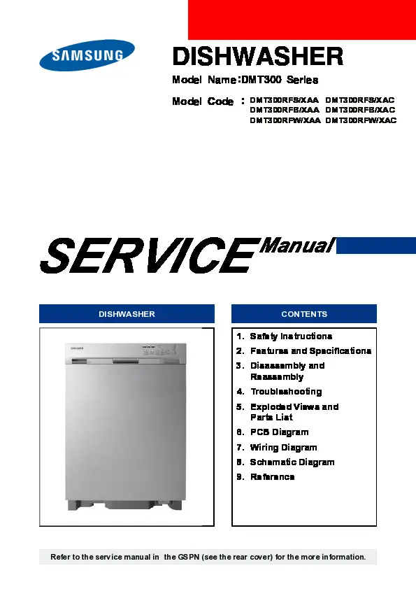 Samsung dmt300rfw service manual cover dishwasher service manual with model codes and service caution notice