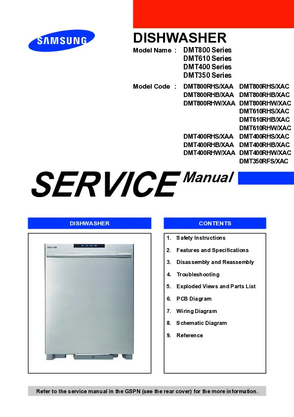 Samsung dmt610rhb service manual cover dishwasher service manual with model codes and service caution notice