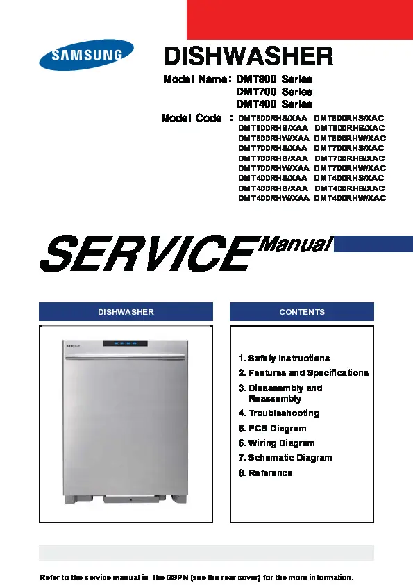 Samsung dmt800rhb service manual cover dishwasher service manual with model codes and service caution notice