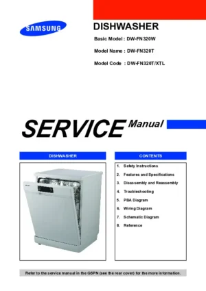 Samsung dw fn320t fn320w service manual cover dishwasher service manual with model codes and service caution notice