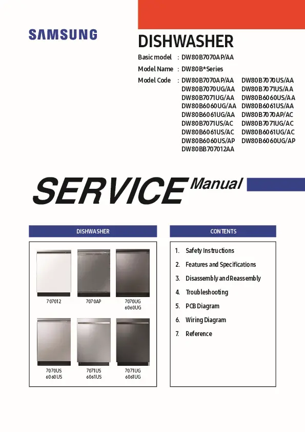 Samsung dw80b6061us dw80b6061ug dw80bb707012 service manual cover dishwasher service manual with model codes and service caution notice