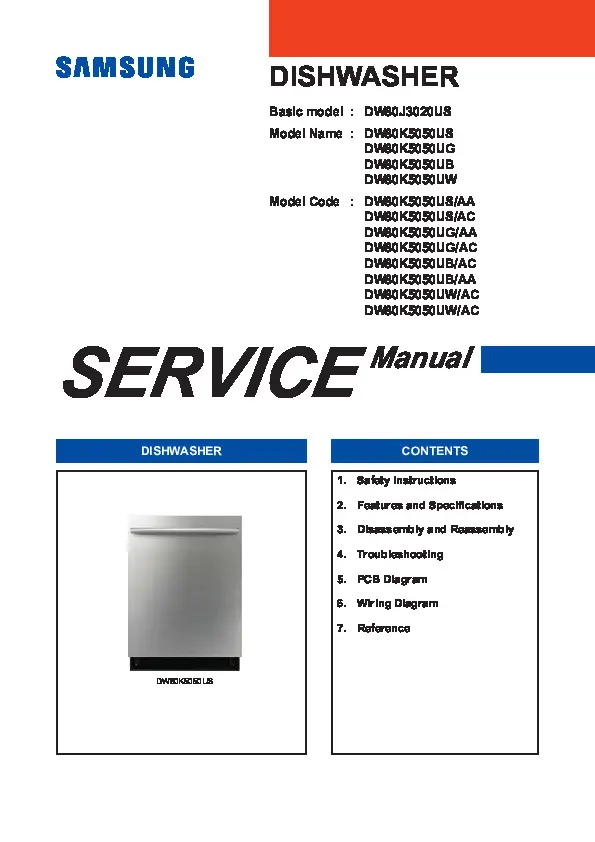 Samsung dw80k5050us dw80k5050ug dw80k5050ub dw80k5050uw service manual cover dishwasher service manual with model codes and service caution notice
