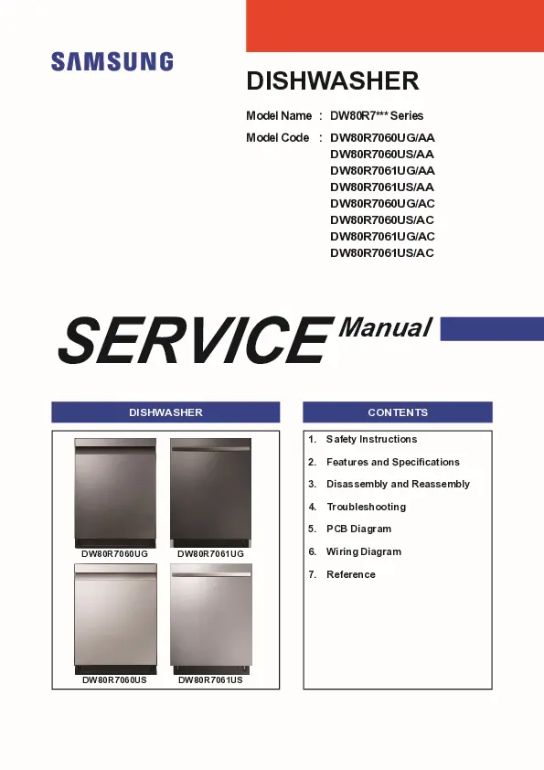 Samsung dw80r7060ug dw80r7060us service manual cover dishwasher service manual with model codes and service caution notice
