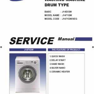 Samsung j1471gw service manual cover cover with photo of the washing machine, model code and type and manual contents