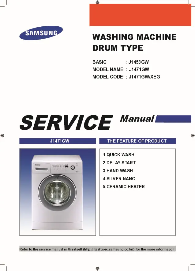 Samsung j1471gw service manual cover cover with photo of the washing machine, model code and type and manual contents