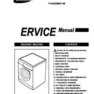 Samsung p1043 service manual cover cover with photo of the washing machine, model code and type and manual contents