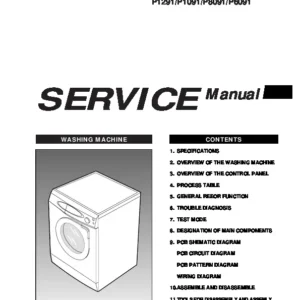 Samsung p1291 p1091 p8091 p6091 service manual cover cover with photo of the washing machine, model code and type and manual contents