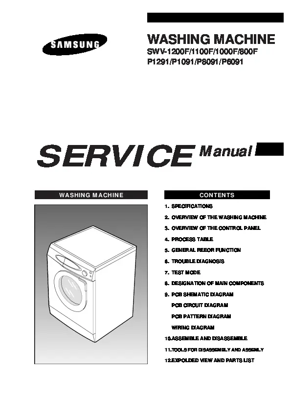 Samsung p1291 p1091 p8091 p6091 service manual cover cover with photo of the washing machine, model code and type and manual contents