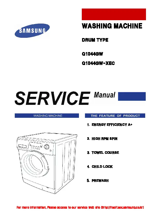 Samsung q1044 service manual cover cover with photo of the washing machine, model code and type and manual contents