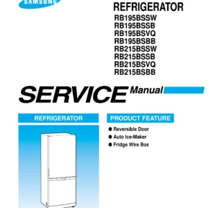 Samsung rb195bs rb215bs service manual cover with model code and showing a line drawing of the refrigerator