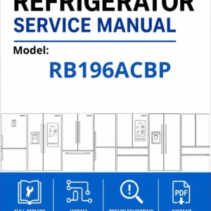 Samsung rb196acbp service manual cover with model code and showing a line drawing of the refrigerator