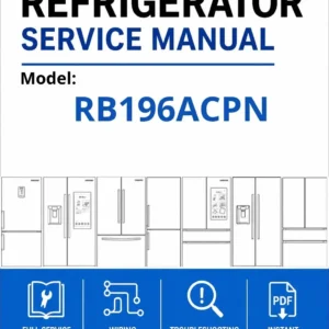 Samsung rb196acpn service manual cover with model code and showing a line drawing of the refrigerator