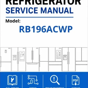 Samsung rb196acwp service manual cover with model code and showing a line drawing of the refrigerator
