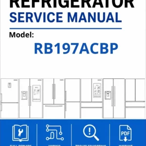 Samsung rb197acbp service manual cover with model code and showing a line drawing of the refrigerator