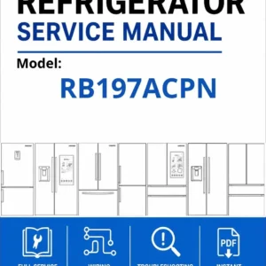 Samsung rb197acpn service manual cover with model code and showing a line drawing of the refrigerator