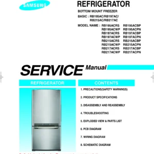 Samsung rb197acrs service manual cover with model code and showing a line drawing of the refrigerator