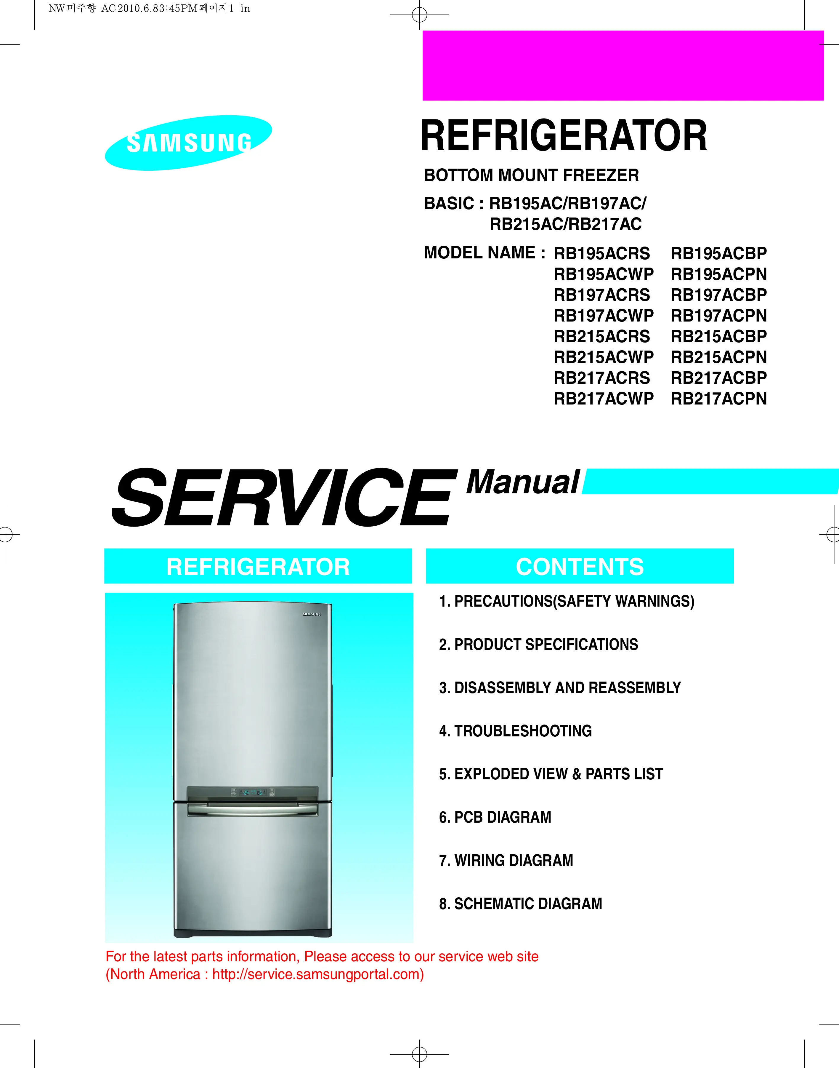 Samsung rb197acrs service manual cover with model code and showing a line drawing of the refrigerator