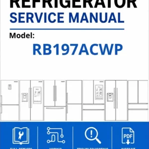 Samsung rb197acwp service manual cover with model code and showing a line drawing of the refrigerator