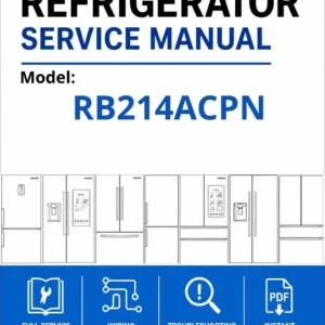 Samsung rb214acpn service manual cover with model code and showing a line drawing of the refrigerator
