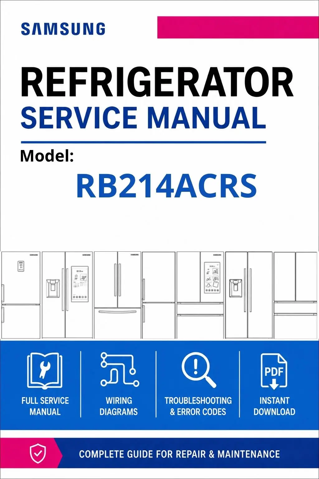 Samsung rb214acrs service manual cover with model code and showing a line drawing of the refrigerator