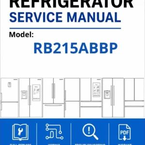 Samsung rb215abbp service manual cover with model code and showing a line drawing of the refrigerator
