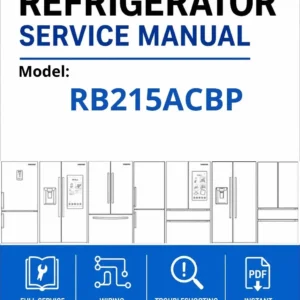 Samsung rb215acbp service manual cover with model code and showing a line drawing of the refrigerator